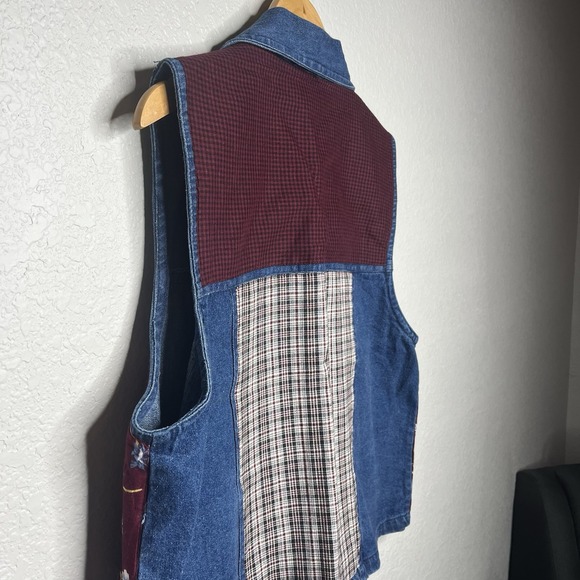 Vintage 90s Blue Denim Womens Fall Floral Autumn Vest Cotton Patchwork Large VTG - Picture 7 of 8